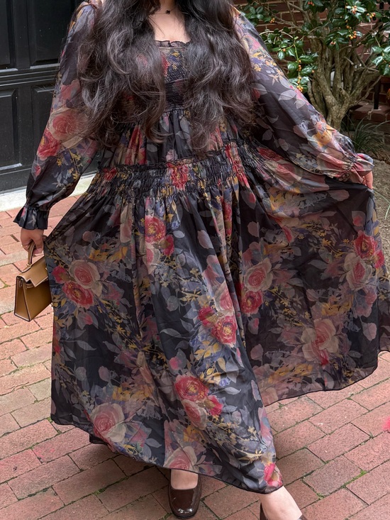 Worth Collective Dresses & Skirts - Floral Smocked Waist Long Sleeve Maxi Dress — Black Floral